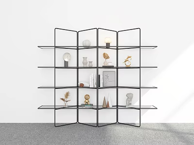 Modern Black Metal Multi Compartment Display Shelf With Glass Shelves And Decorative Sculptures Books Plants 3d model