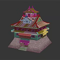 Cartoon Castle Scene With Multi Tiered Dark Roof Pink Stone Base And Red Top Decorations