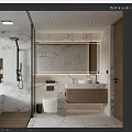 Modern Bathroom With Marble Walls Large Backlit Mirror Shower Area And Wall Mounted Vanity