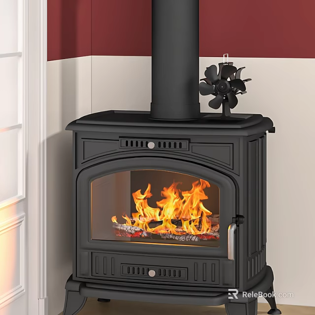 Black Wood Stove With Glass Door Burning Bright Orange Flames In Red And White Wall 3d model 