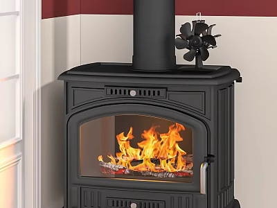 Black Wood Stove With Glass Door Burning Bright Orange Flames In Red And White Wall 3d model