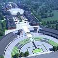 Ancient Chinese Architecture Complex With Circular Plaza Traditional Curved Roofs And Trees