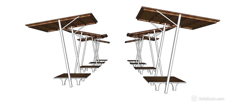 Outdoor Pergola Structure With Wooden Roof Metal Supports And Benches 3d model 