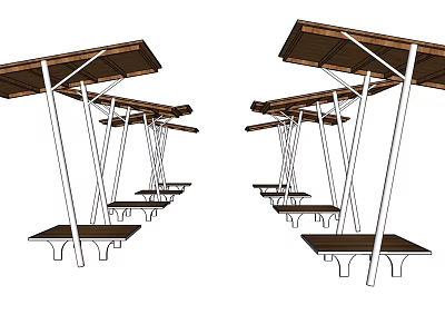 Outdoor Pergola Structure With Wooden Roof Metal Supports And Benches 3d model