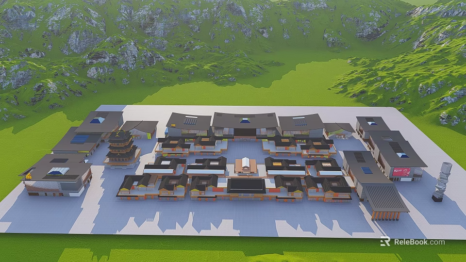 Traditional Commercial Street With Ancient Architecture Shops And Scenic Mountain Backdrop 3d model 