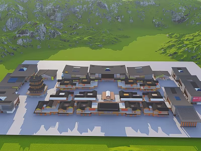 Traditional Commercial Street With Ancient Architecture Shops And Scenic Mountain Backdrop 3d model