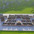 Traditional Commercial Street With Ancient Architecture Shops And Scenic Mountain Backdrop