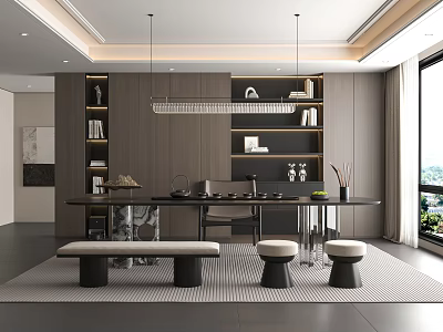 Modern Tea Room Interior With Dark Long Table Bench Round Stools Bookshelves Decorations Window View 3d model