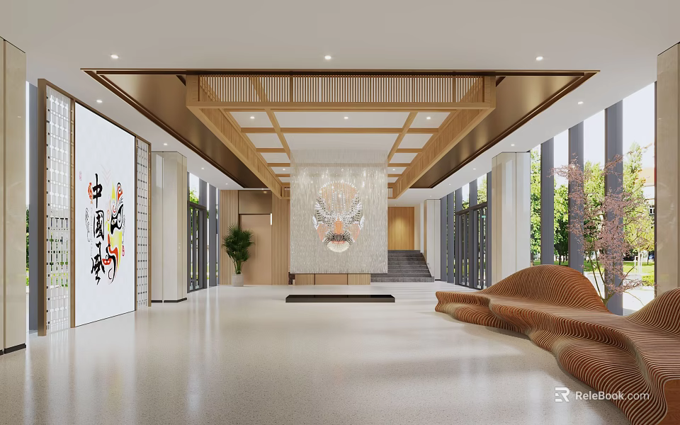 Traditional Chinese Hotel Lobby With Wooden Ceiling Dragon Pattern Wall Green Plants And Sofa 3d model 