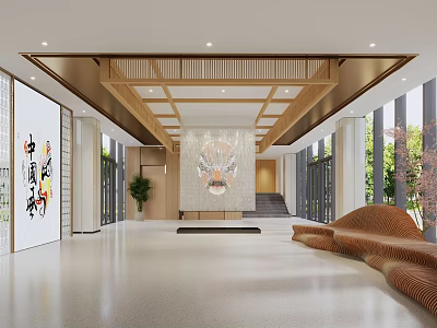 Traditional Chinese Hotel Lobby With Wooden Ceiling Dragon Pattern Wall Green Plants And Sofa 3d model