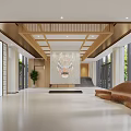 Traditional Chinese Hotel Lobby With Wooden Ceiling Dragon Pattern Wall Green Plants And Sofa
