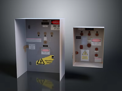 Open Electrical Control Panels Enclosure With Internal Switches Labels And Warning Signs 3d model
