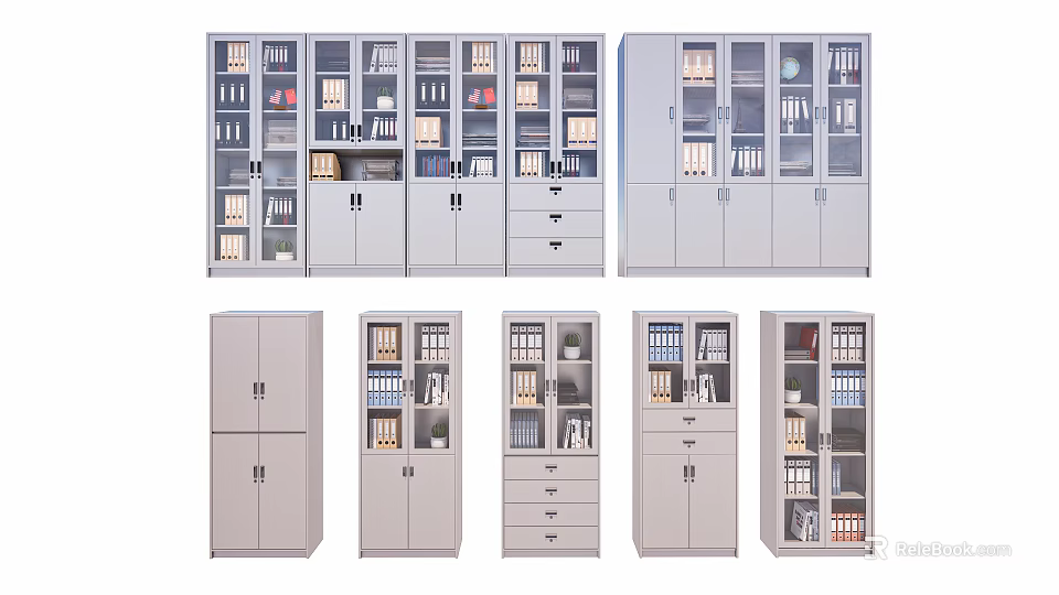 Modern Bookcases In Various Designs With Glass Doors Drawers And Storage Shelves 3d model 