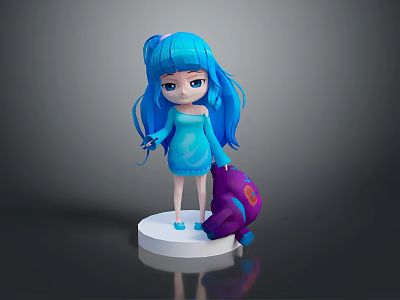 Child with Long Blue Hair in Blue Dress Holding Purple Doll Standing on White Base 3d model