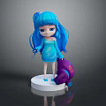 Child with Long Blue Hair in Blue Dress Holding Purple Doll Standing on White Base