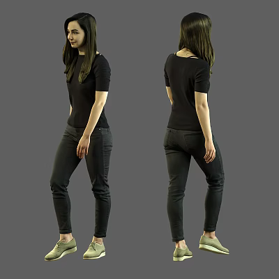 Woman In Front And Back Views Wearing Black Short Sleeved Top Dark Pants Light Shoes 3d model