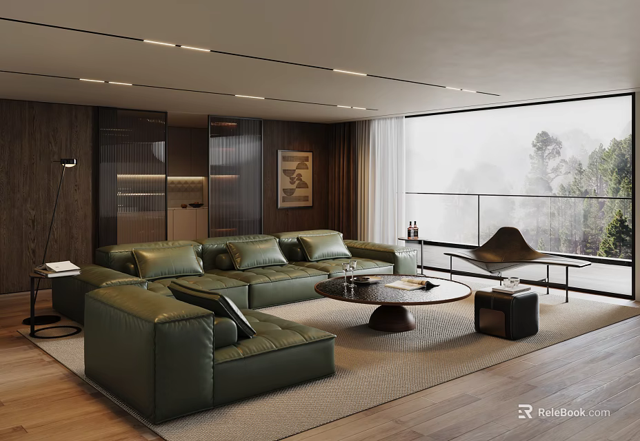 Modern Living Room With Green Leather Sofa Coffee Table Large Window Wooden Floor And Rug 3d model 
