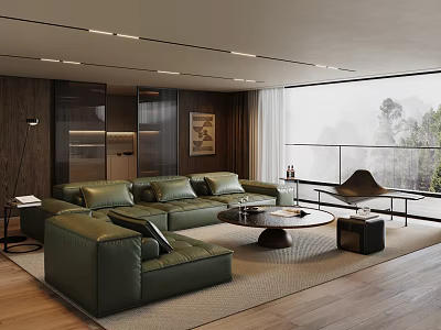 Modern Living Room With Green Leather Sofa Coffee Table Large Window Wooden Floor And Rug 3d model