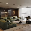 Modern Living Room With Green Leather Sofa Coffee Table Large Window Wooden Floor And Rug