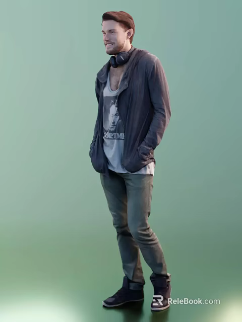 A Man Standing With Hands In Pockets Wearing Casual Jacket T-shirt And Jeans 3d model 