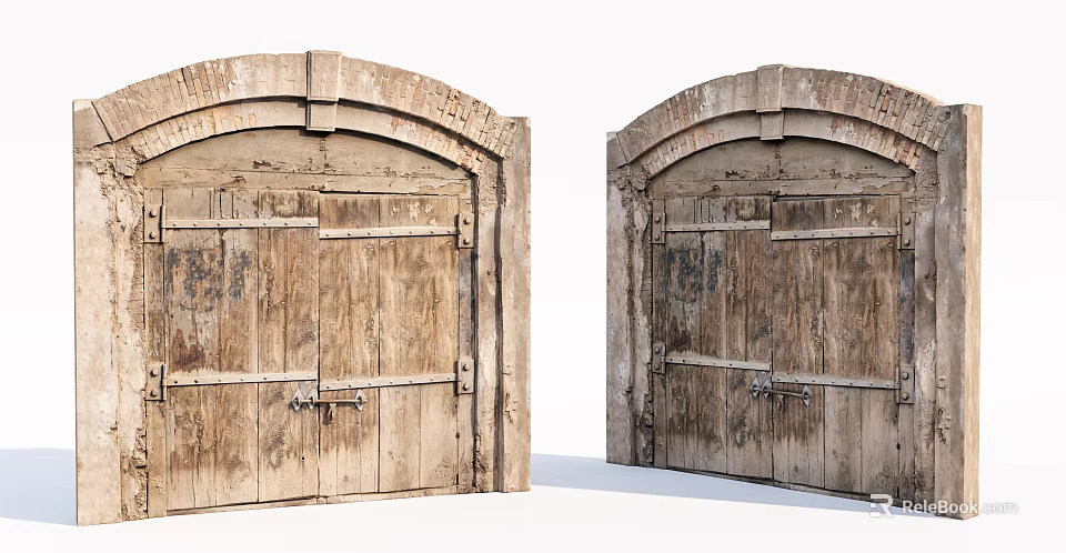 Vintage Wooden Double Doors With Aged Texture And Metal Hardware Details 3d model 