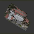 Old Industrial Factory Buildings With Red Gray Roofs Chimney And Green Plants