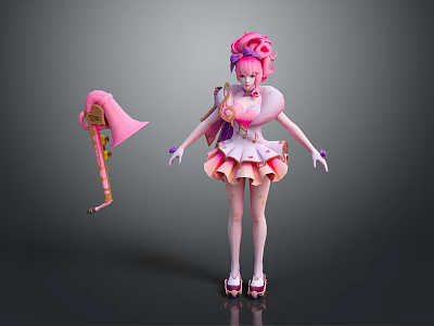 Game Movie Character With Pink Hair Frilly Pink Dress Holding Decorative Staff 3d model