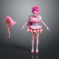 Game Movie Character With Pink Hair Frilly Pink Dress Holding Decorative Staff
