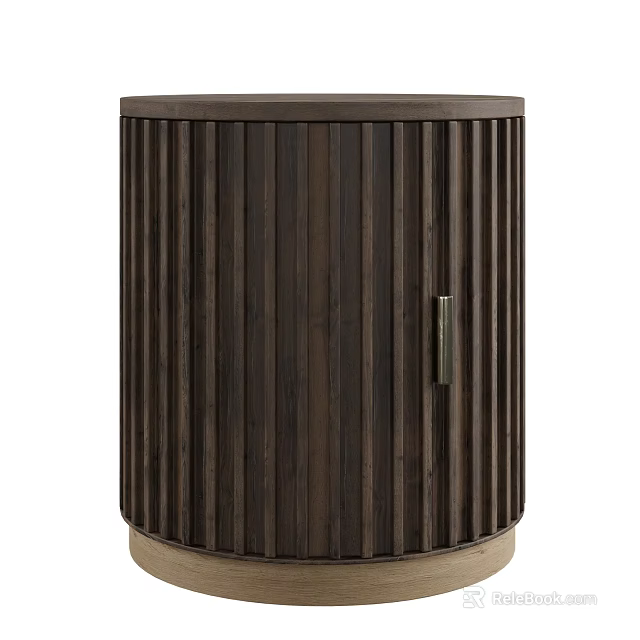 Dark Wood Cylindrical Cabinet With Vertical Stripes And Metal Handle Light Base 3d model 