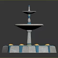 Two Tiered Fountain With Polygonal Base Circular Trays Blue White Columns And Golden Accents