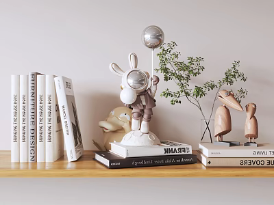 Modern Decorative Ornament Set Featuring Rabbit Figurine Silver Balloon Green Plants and Bird Statues 3d model