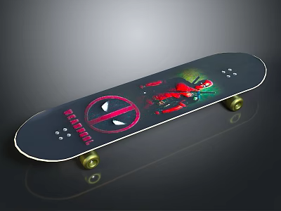 Black Skateboard With Deadpool Graphic Design And Yellow Wheels 3d model