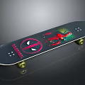 Black Skateboard With Deadpool Graphic Design And Yellow Wheels