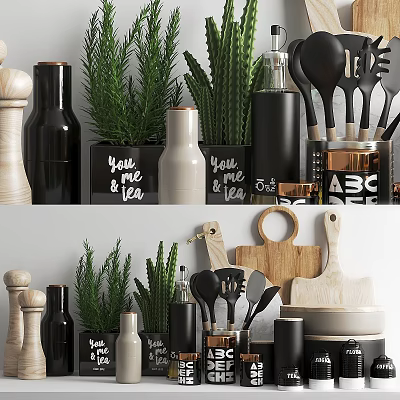 Stylish Kitchen Utensils With You Me Tea Labels Plants And Cutting Boards 3d model