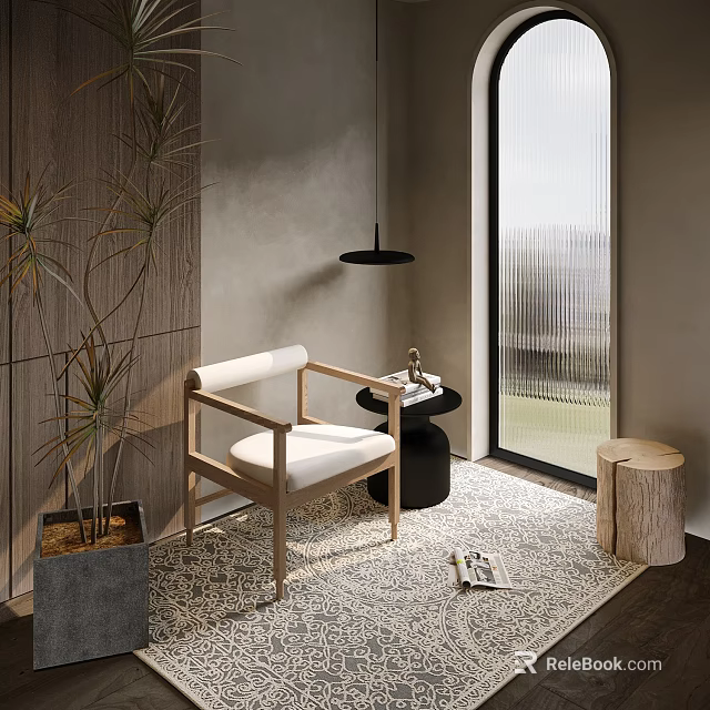 Stylish Lounge Chair With Wooden Armrest White Cushion Side Table And Green Plant Rug 3d model 