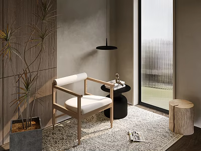 Stylish Lounge Chair With Wooden Armrest White Cushion Side Table And Green Plant Rug 3d model