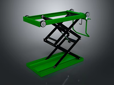 Green Hydraulic Lift Table Featuring Wheels Black Frame And Lifting Handle 3d model