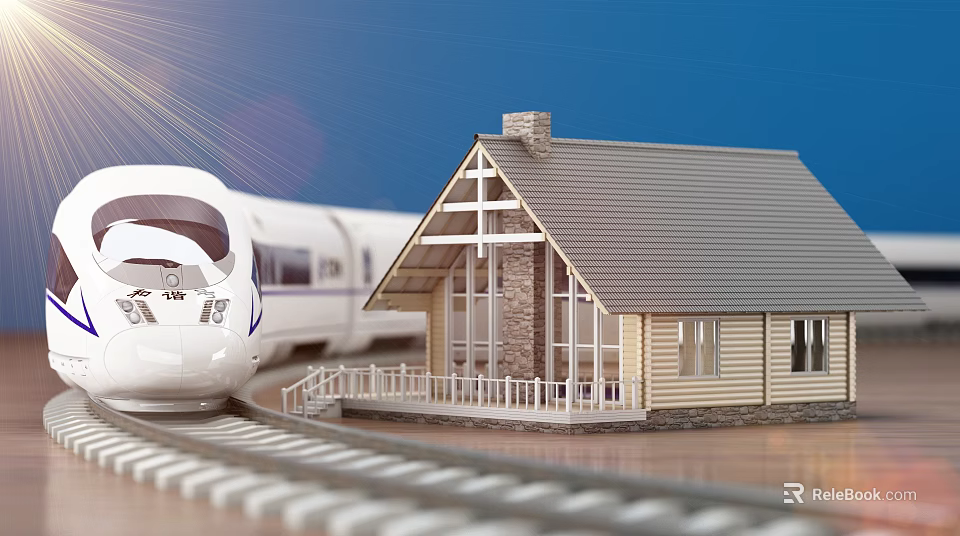 Cartoon Scene With High Speed Train On Railway Track By Small Wooden House 3d model 