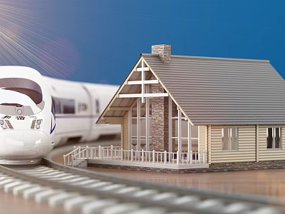 Cartoon Scene With High Speed Train On Railway Track By Small Wooden House 3d model