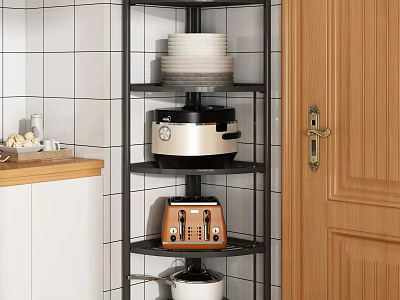 Black Kitchen Storage Shelf with Plates Rice Cooker Toaster and Pot in Modern Kitchen 3d model