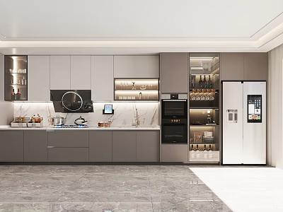 Modern Kitchen Interior With Gray White Cabinets Marble Countertops And Built In Appliances 3d model