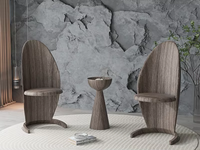 Modern Wooden Leisure Chairs In Living Space With Rock Wall Side Table And Green Plant 3d model
