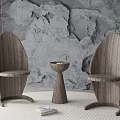 Modern Wooden Leisure Chairs In Living Space With Rock Wall Side Table And Green Plant