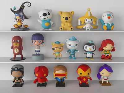 Colorful Collectible Dolls On Shelves With Various Cartoon And Superhero Character Designs 3d model