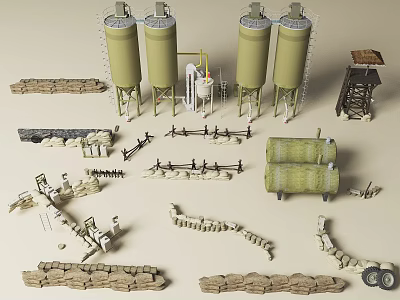 Industrial Construction Equipment Set With Silos Piping Conveyors Mixers And Stone Materials 3d model