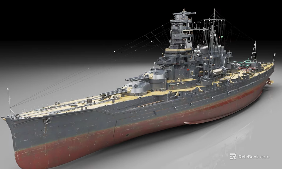 Large Warship Model With Tower Superstructure Masts And Red Bottom Hull 3d model 