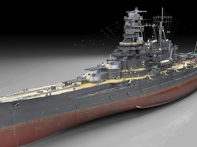 Large Warship Model With Tower Superstructure Masts And Red Bottom Hull 3d model