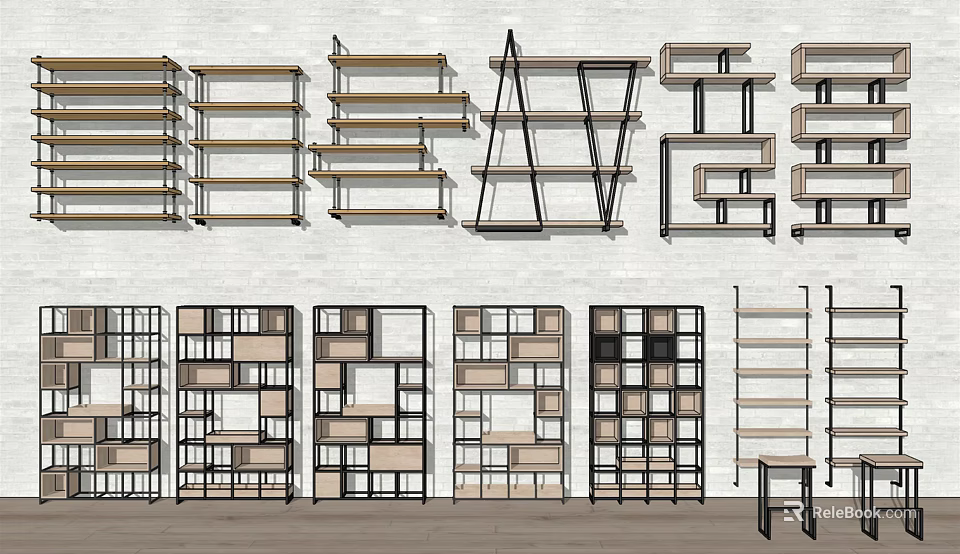 Modern Storage Shelving Units With Various Open Designs And Metal Wood Frames 3d model 