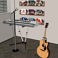 Creative Home Studio Setup With Musical Instruments Art Supplies Keyboard Acoustic Guitar Microphone And Wall Shelf