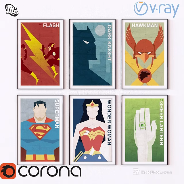Framed Superhero Posters Featuring Flash Batman Superman Wonder Woman Retro Design 3d model 